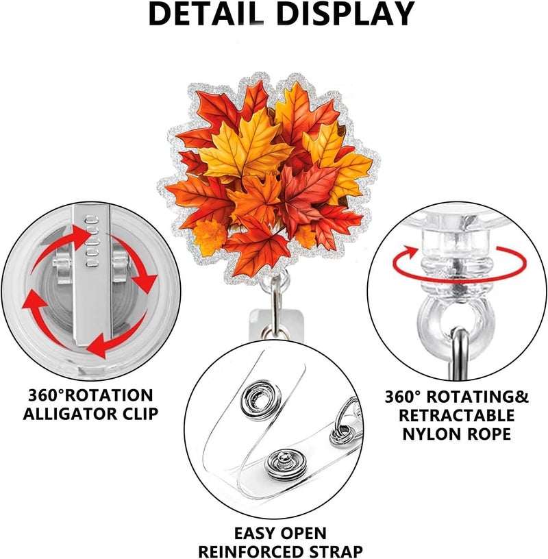 NSSHEL Autumn Leaves Badge Reel Retractable Badge Holder with Alligator Clip Fall Acrylic ID Name Card Scroll Red Maple Leave Badge Clips Designs for Student Teacher Office School Worker Nurse Decoration - Image 3